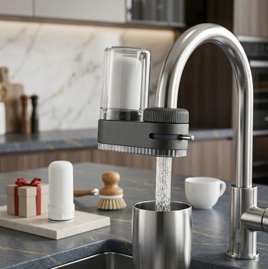 Purificador de agua para grifo con filtrado físico para la cocina del hogar. 2 elementos filtrantes extraíbles y lavables. Purificador de agua con aireador.